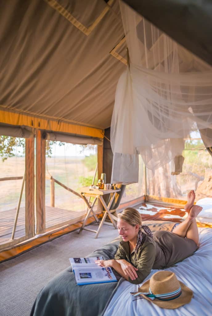 Nathasa in safari clothes in Lyanti Safari tent
